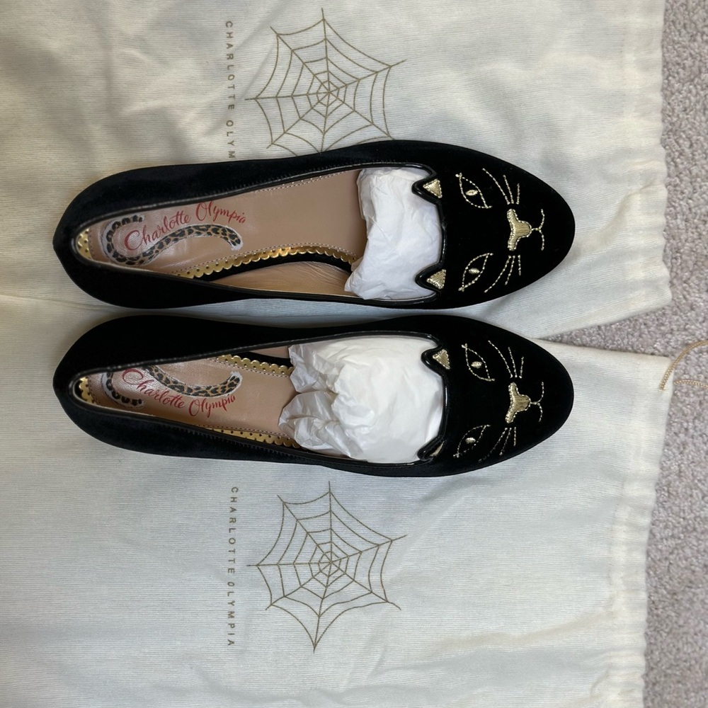 Charlotte Olympia Black and Gold Cat Flats